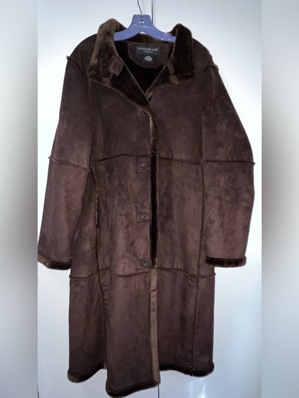 Centigrade Washable Brown Suede Fur Lined Womens Long Button Up Coat Size Large